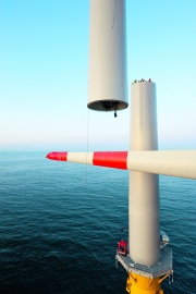 Construction of the first M5000 at offshore windpark alpha ventus